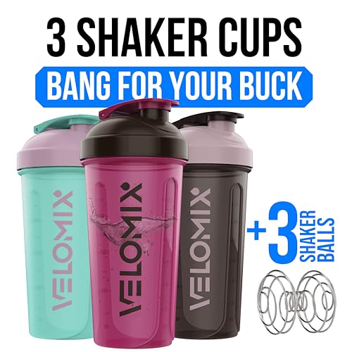 Image of VELOMIX 3 Pack 14 oz Protein Shaker Bottle for Mixes - 3 Wire Whisk Balls | Stackable Leak Proof Cups | Dishwasher Safe, BPA-Free (Mixed Colors)