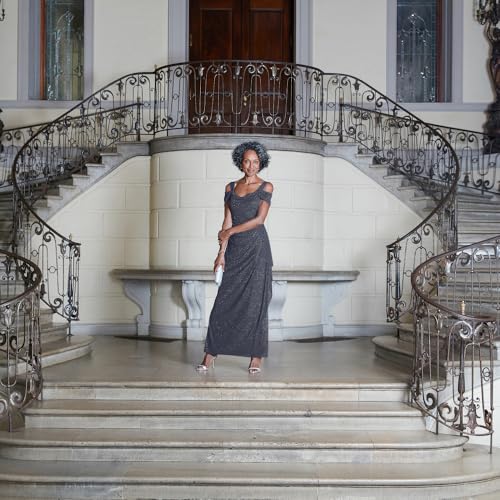 Image of Plus Cold Shoulder Glitter Mesh Dress with Draped Skirt & Cowl Neckline