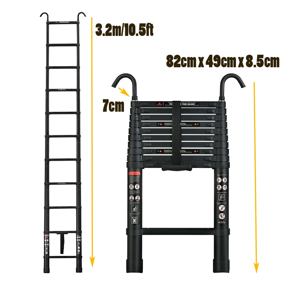 Faltbare 3,2 m Aluminium-Teleskopleiter mit Hakensicherheitsleiter, maximale Belastung 150 kg/330 lbs, zum Streichen von Wänden, Wechseln von Glühbirnen, Reinigen von Fenstern, Dachböden