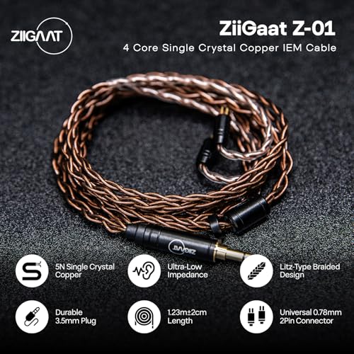 Image of Linsoul ZiiGaat Z-01 IEM Cable, 4 Core Single Crystal Copper Wire,in Ear Monitor Cord with 3.5mm Plug,Detachable 0.78mm 2Pin Connector for HiFi Wired Earbuds Zero:2,EW300,Cadenza,Kefine,WanerSG