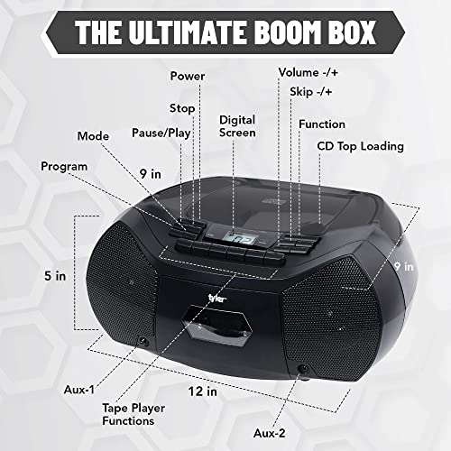 Tyler Portable Boombox Cd Player And Cassette Player Combo Am/Fm Radio Cd Players For Home/Outdoor Portable Dynamic Stereo With Speakers Builtin Antenna For Best Reception Aux Input/2 Headphone Jacks #TOP4