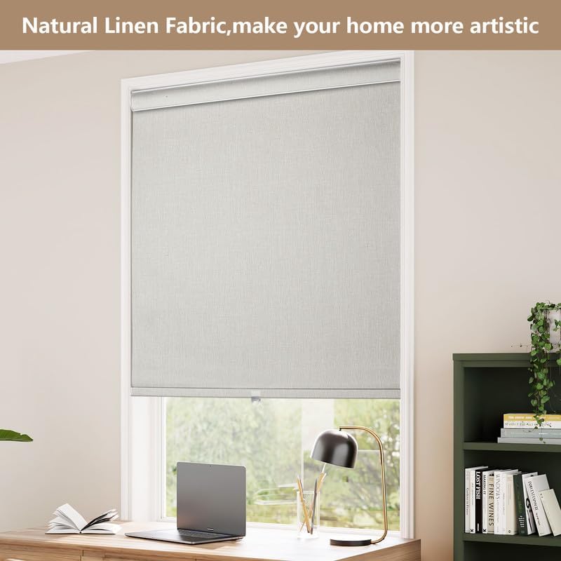 Custom Size Roller Shades Cordless Blackout Blinds for Indoor Windows,Light Filtering Thick Linen Fabric Heat Blocking Privacy with Aluminum Cassette Valance,Build in Free Stop Spring System