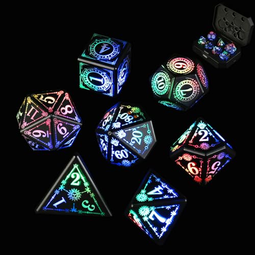 ORUZA Lot de 7 dés lumineux DND à DEL rechargeables avec boîte de charge, dés D&D polyédriques lumineux pour jeux de rôle Donjons et Dragons RPG MTG
