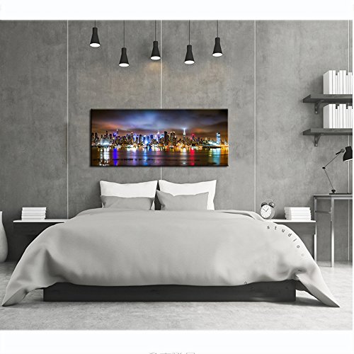 Sechars - New York City Canvas Wall Art Manhattan Skyline Panorama On Cloudy Night Picture Giclee Art Print Modern Home Office Wall Decoration Stretched Canvas Ready To Hang #TOP2