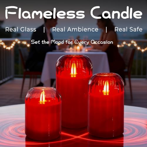 Image of LEDHOLYT Rechargeable Flameless Candle, Flashing LED Pillar Real Wax Candle with Remote Control and Timer, Red Glass Electronic Candles for Room Decoration, 1 Set of 3