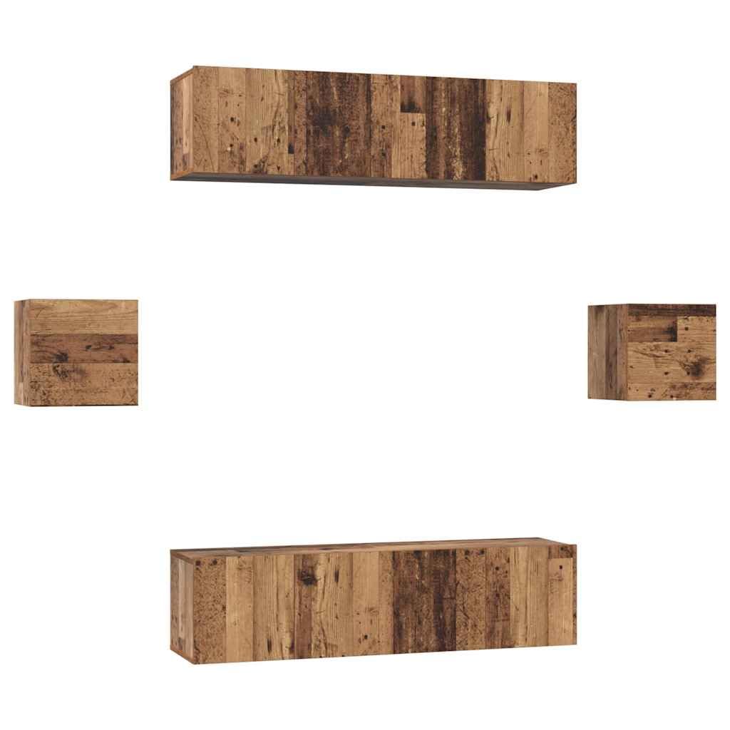 TV-Schrankset Wandmontiert 6-teilig, Altholz Holzwerkstoff, Modernes Media-Center für Wohnzimmer, Robuste TV-Konsole mit Türen und Regalen