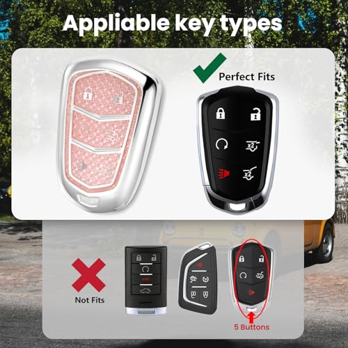 Image of for Cadillac Key Fob Cover with Fashionable Zirconia Wristlet KeyChain, Enchanting Diamond Patterns Soft Case for Escalade ATS XT4 /5 /6 XTS SRX STS (Pink, A2)