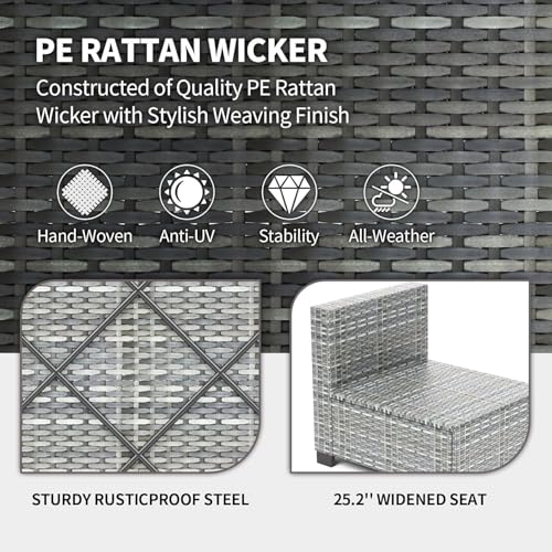 6 Piece Outdoor Patio Furniture Set with Coffee Table, Rattan Deck Conversation Sofa Set, All-Weather Sectional Rattan Sofa with Glass Top Coffee Table, Poolside, Garden, Porch, Grey + Beige - Image 8