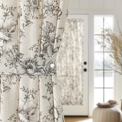 Image of jinchan Floral French Door Curtain Farmhouse Linen for Sliding Glass Door 72 Inches 1 Panel with Tieback Light Filtering Curtain for Window Patio Rod Pocket Black on Linen