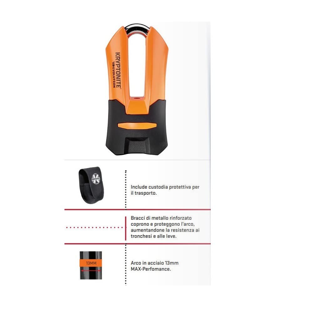 DISPOSITIVO MECCANICO PER SCOOTER E MOTO KRIPTONITE EVOLUTION ARMORED CON CUSTODIA ARCO IN ACCIAIO 13MM MAX-PERFORMANCE BRACCI DI METALLO
