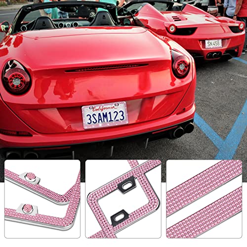 Bling License Plate Frame - Igreely 2Pack Sparkly Rhinestone License Plate Cover Stainless Steel Diamond Car License Plate Holder Bedazzled Tag Frame For Car Pink #TOP4