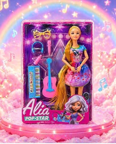 Image of Tickles Movable Pop Star Fashion Doll with Guitar, Microphone & Accessories | Music Superstar Role Play Toy Birthday Gift for Kids Girls (Ages: 3+ Years, Size: 30 cm)