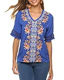 Mansy Damen Stickerei Mexikanisches Böhmisches Hemd Kurzarm Rüschen Bauernbau Baumwolle Tops Tunika Blusen - - Small