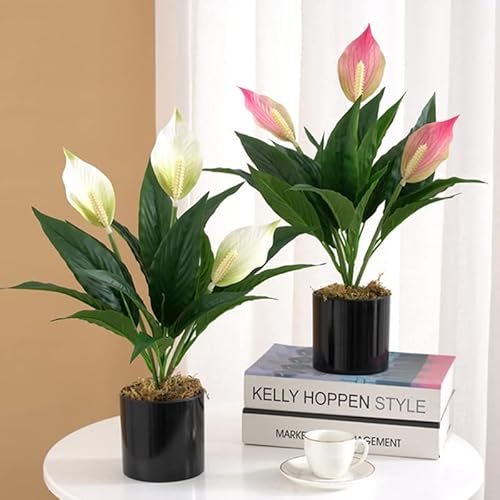 Curtek 2 Pcs Artificial Plants 18.5Inch Artificial Anthurium Fake Tropical Green Floral Plants For Wedding Garden Office Home Decor,White #TOP5