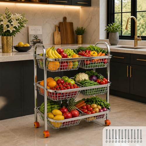Image of MIKANIX Stainless Steel Vegetable & Fruit Storage Rack with Wheels, Kitchen Storage Basket Organizer, Rust Proof Stand for Onion, Potato, Fruits & Vegetables Trolley (3 Rack & 6 PARTITION)