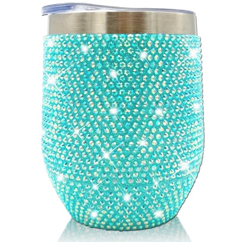 XMYAINA 12 oz Bling Wine Tumbler with Lid Rhinestone Insulated Wine Glass Tumbler Double-Wall Vacuum...