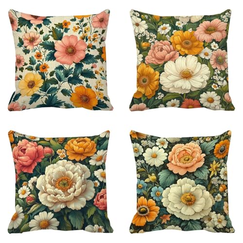 Juego de 4 Impermeable Funda Cojin 35x35 cm Exterior Fundas Cojines Otoño Funda de Almohada, para Exterior Balcón Verano Jardín Sofá Oficina Hogar Decorativas Cuadrada Fundas de Cojines Flor D-9759