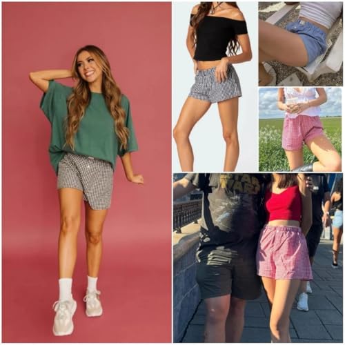 Image of Women Pajamas Shorts Y2k Elastic Waist Plaid Boxer Shorts Cute Gingham Sleep Lounge Bottoms