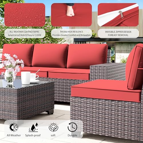 Image of 13 PCS Outdoor Patio Furniture Set,Outdoor Sectional Furniture with 43 inch 55000 BTU Gas Propane Fire Pit Table,All Weather PE Rattan Wicker Patio Conversation Set,Red