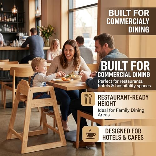 Image of Natural Wooden Restaurant High Chair - Stackable Rubberwood Dining Chair with Safety Bar, Easy-Clean Finish, Commercial Restaurant Seating