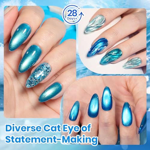 Image of Beetles Liberty Blue Cat Eye Gel Nail Polish Set - 6 Colors Summer Glitter Gel Polish Kit Mint Green, Icy Blue, Teal, Sapphire and Navy Shades, 3D Shimmer Effect DIY Salon Nail Art Gift for Women