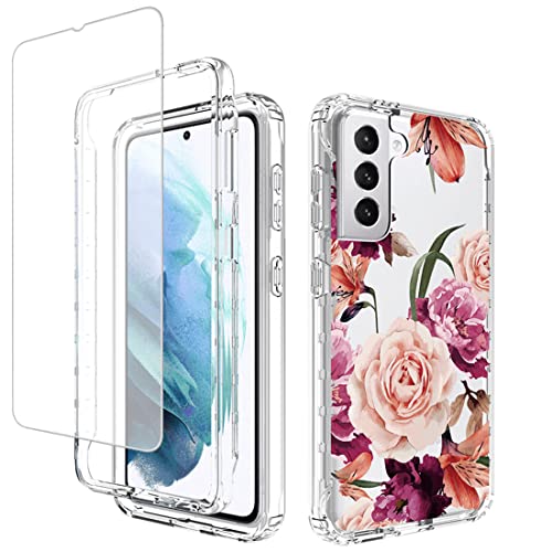 Coque Galaxy S21 5G antichoc transparente fleurie avec verre trempé