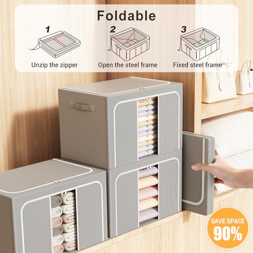 Image of Clothes Storage Bins with Metal Frame Foldable Storage Box Clothes Organizers Storage Containers for Clothes Sheets Blankets Books Toys Gifts and Holiday Decorations (66Lx3 Pack)