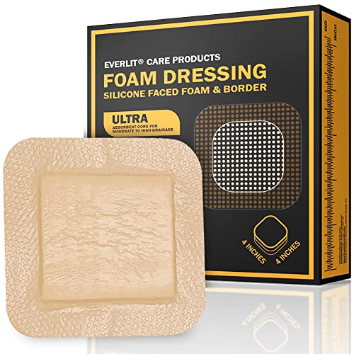 EVERLIT Care Silicone Foam Dressing with Adhesive Border | Highly Absorbent Hypoallergenic Bandages for Chronic Wounds, Bed Sores, Pressure Ulcers | Gentle & Secure Adhesion (4" x 4" | 10 Pack)