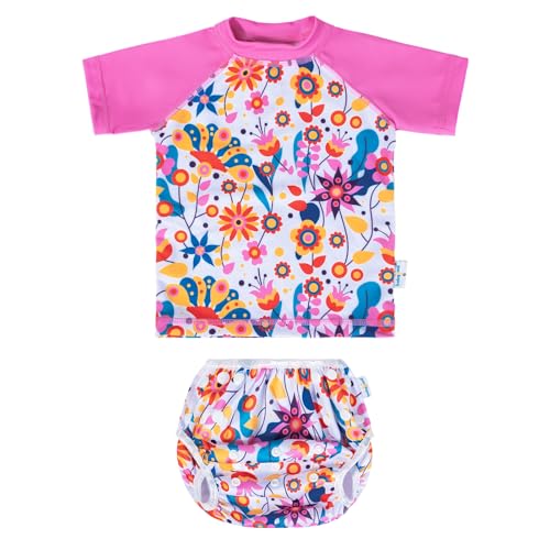 babygoal Baby Girl Swimsuit 2-Piece for 12-36 Months Toddlers, Bathing Suit Swim Diaper with Matching Top Short Sleeves Swimwear for Swim Lessons and Beach-Flower Design