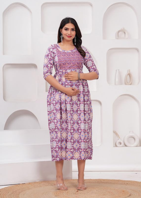 Image of JAIPURFAME Maternity Feeding Kurti with Zipper | Cotton Floral Printed Pregnancy & Nursing Dress | Comfortable & Stylish Maternity Wear for Women | Breastfeeding Kurta with Zipper | Soft & Elegant