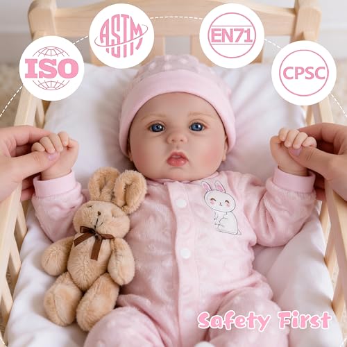 Image of EKOKIZ 18 Inch Reborn Baby Doll - Weighted Lifelike Newborn Girl with Soft Cloth Body, Vinyl Limbs & Rabbit-Themed Outfit, Realistic Hand-Painted Doll for Kids 3+ for Cuddling & Pretend Play