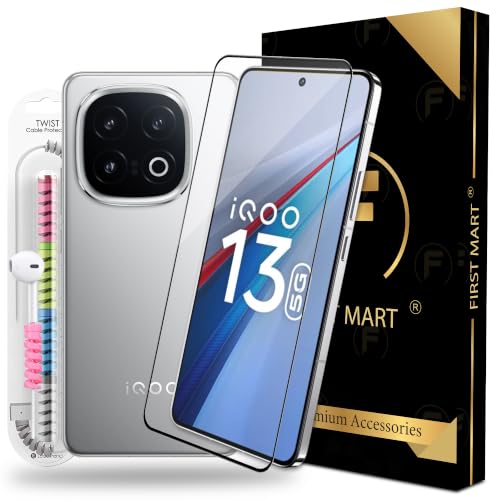 Image of FIRST MART Tempered Glass for iQOO 13, 9H 0.3 mm Full-Glue Screen Protector with Cable Protector, HD Clear, 3D Edge-to-Edge, Case-Friendly, Black, Pack of 1