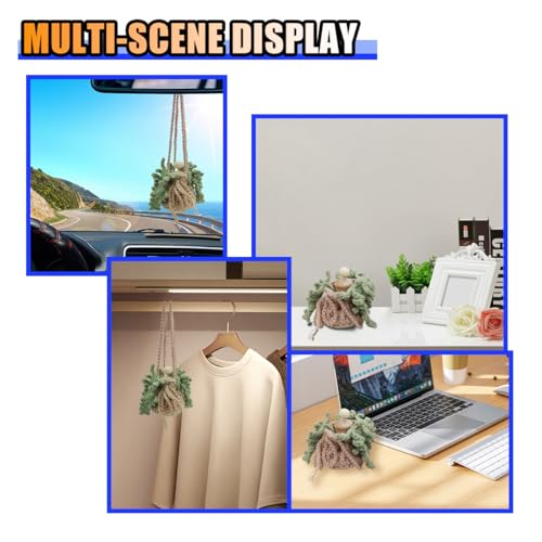 Image of Crochet Hanging Plant Car Pendant - Cute Potted Plant Car Rear View Mirror Charm with 12ml Empty Refillable Glass Bottle - Handmade Knitted Ornament