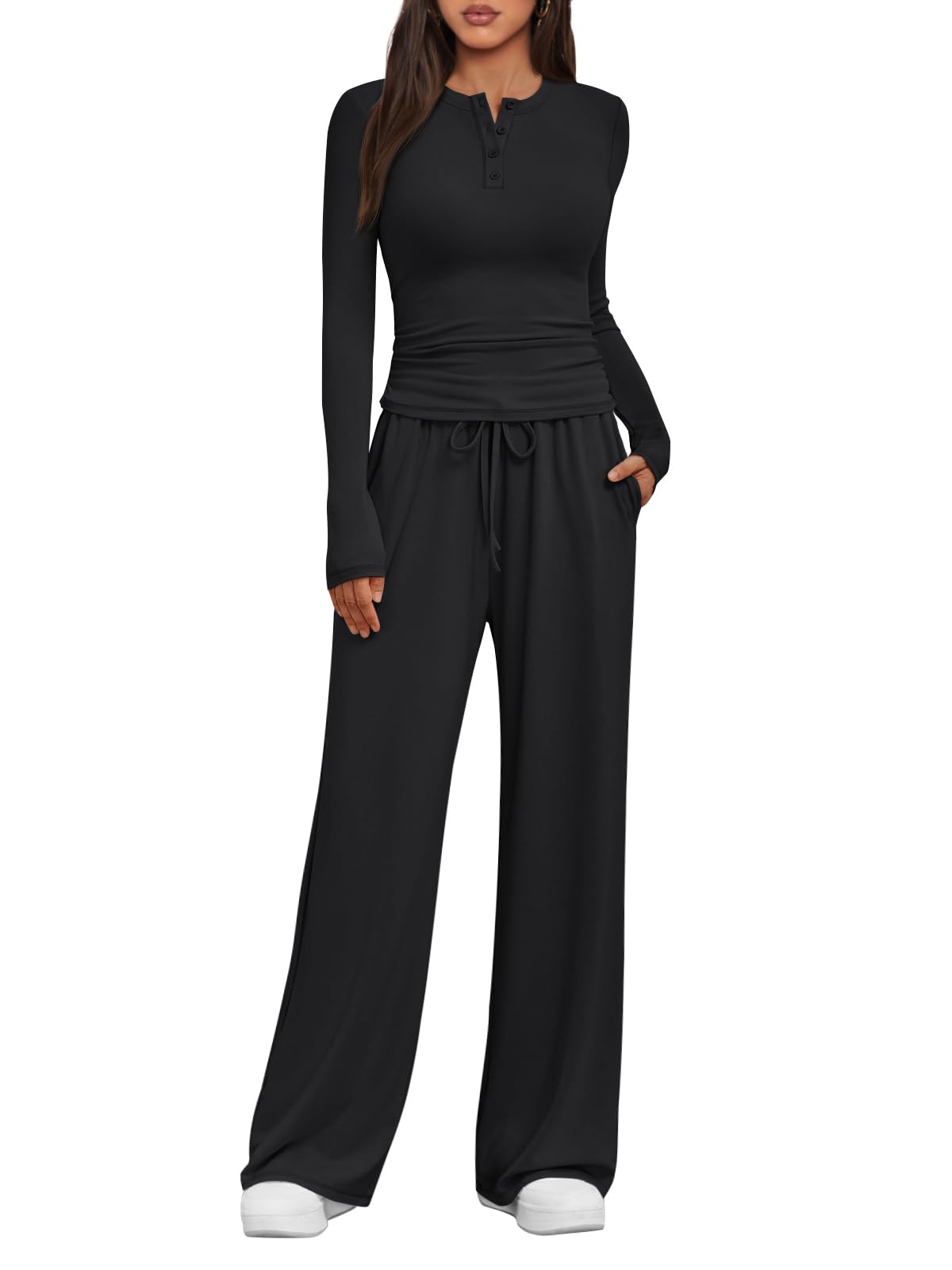 Trendy Queen Women's 2 Piece Matching Lounge Sets Fall Fashion Two Pieces Sweat Outfits Long Sleeve Wide Leg Pants Tracksuits