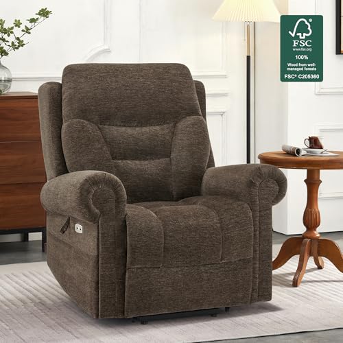 MCombo Triple Motor Power Lift Recliner Chair with Massage and Lumbar&seat Heating, Rolled Arms, Adjustable Headrest for Elderly People, Fabric 7888 (Coffee, Medium)