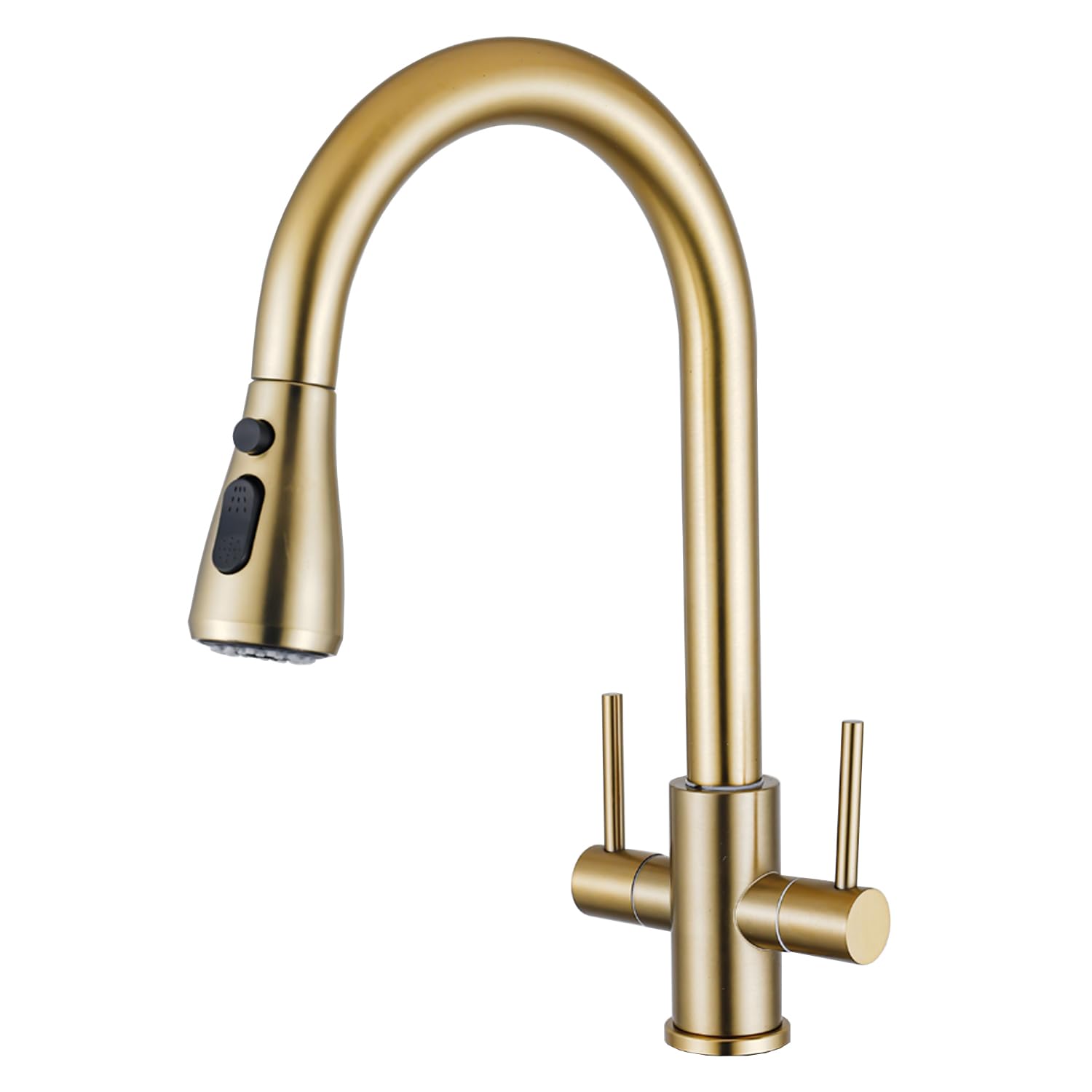 Brushed Gold Kitchen Tap, Eovem Stainless Steel Dual Lever Pull Down Sprayer Faucet, Modern Kitchen Mixer Sink Tap