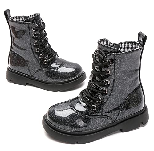 Kkdom Boys Girls Waterproof Lace Up Side Zipper Mid Calf Combat Boots(Toddler/Little Kid/Big Kid) Glitter Black Us Size 4 M Big Kid #TOP5