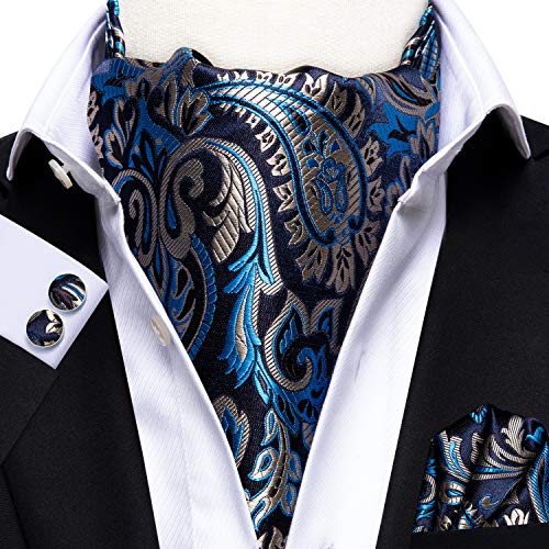 Image of Hi-Tie Silk Ascot for Men Self Tie Men's Cravat and Flower Lapel Pin Handkerchief Cufflinks Set for Wedding Party