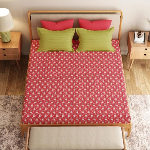 Image of Mytrident Bedsheet for Double Bed King Size |108 inch x 108 inch | Petal Pop Red | 120 TC Flatsheet with 2 Pillow Covers| 100% Cotton Bedsheet for King Size Bed | Everyday Collection