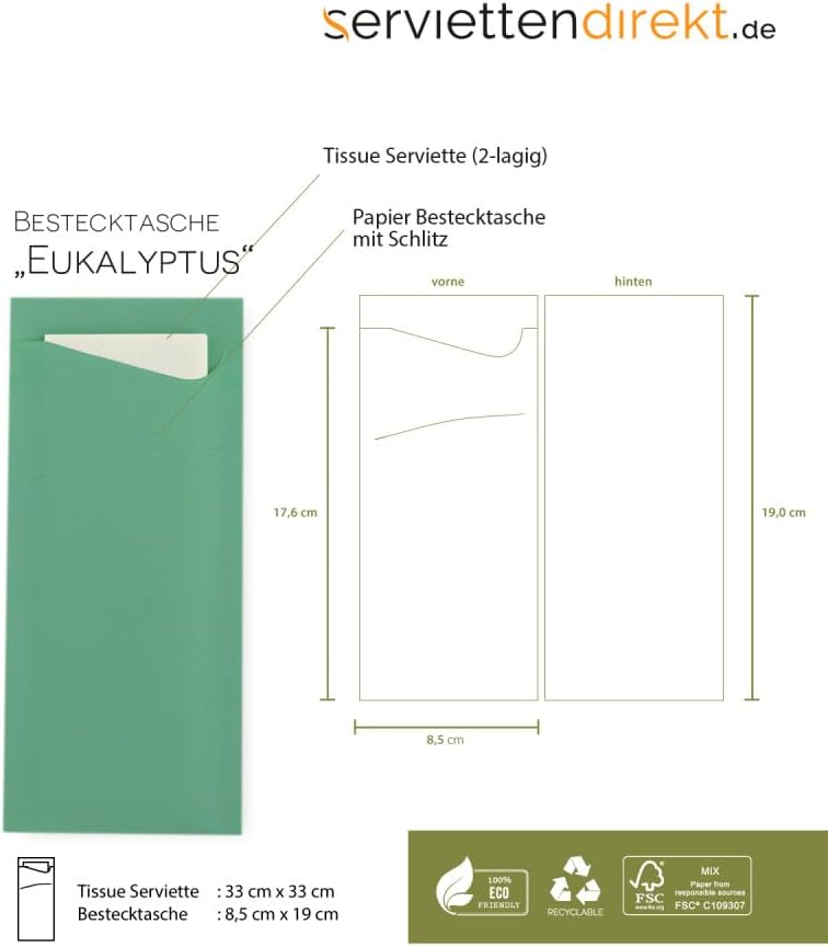 Prime Fit Cutlery Bag in Eucalyptus 85 x 190 mm with White Tissue Napkin, Cutlery Bag Pack of 100