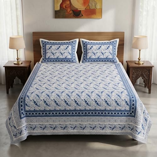Image of Mafatlal 144 TC Heritage 100% Cotton Queen Size Bedsheet (90x108 inches) with Matching Pillow Covers | Soft & Comfortable | Elegant Printed Heritage Design | Cobalt Blue