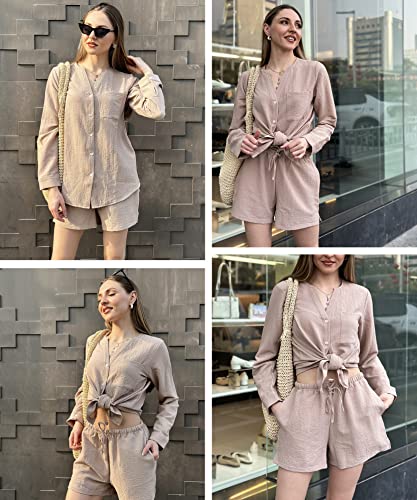 Ekouaer Womens Shorts Sets High Waist V Neck Lounge Sets 2 Piece Loose Fit Sweatsuits In Tall Length With Pockets Beige,Small #TOP1