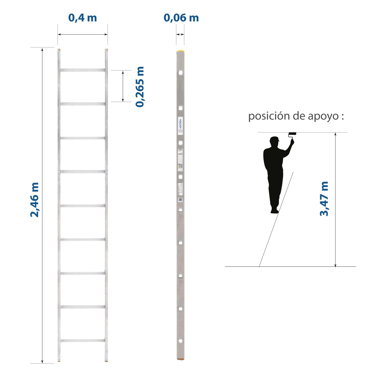 HOSTRÖM Escalera Simple StablePro 9 peldaños de Aluminio, Ligera y Duradera, Altura máxima de Trabajo 3,47 m, garantía de 5 años, Carga máxima 150 kg.