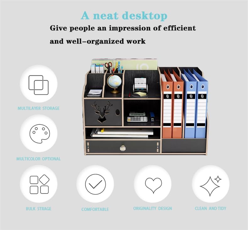 Miniatura 7 de STJIAYI Organizador de escritorio con soporte para archivos, organizador de bandeja de papel de 3 niveles con cajón, 1 caja de pañuelos y 2