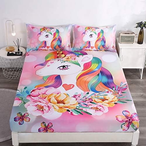 Unicorn Fitted Bed Sheet Set Kids Little Cute Princess Unicorn Soft Microfiber Breathable Bedding All-Round Elastic Pocket 2 Pieces Fitted Sheet Set for Teens and Girls (Twin)
