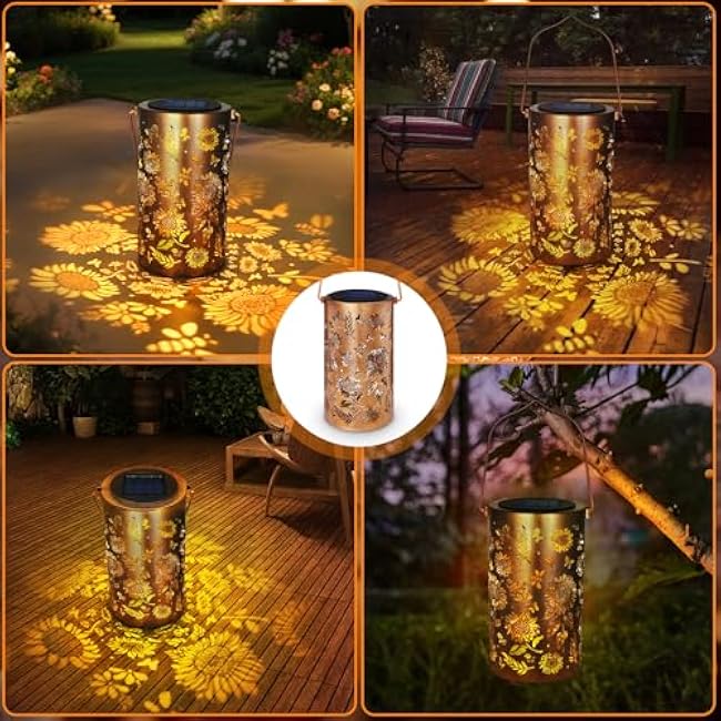 Sunflower Solar Lanterns Outdoor Waterproof, Metal Hanging Solar Lights Sunflower Lantern for Outdoor Porch Patio Yard Garden Decor, Sunflower Birthday Gifts for Women Mom