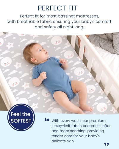 Image of TotAha Premium Soft Bassinet Sheet for Boy Girl, Super Stretchy Jersey Knit Bassinet Fitted Sheet, Compatible with Halo, Maxi COSI, Mika Micky, SNOO, Baby Delight Mattress, 2 Pack, Moon & Grey Sky