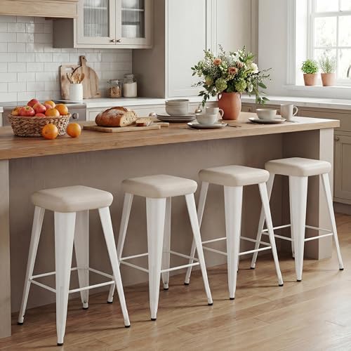 Image of Yongchuang Backless Bar Stools Set of 4, 24 inch Farmhouse PU Leather Barstools | Upholstered Counter Height Stools with Metal Legs, Modern Rustic Kitchen Island Dining Counter Stools Off-White