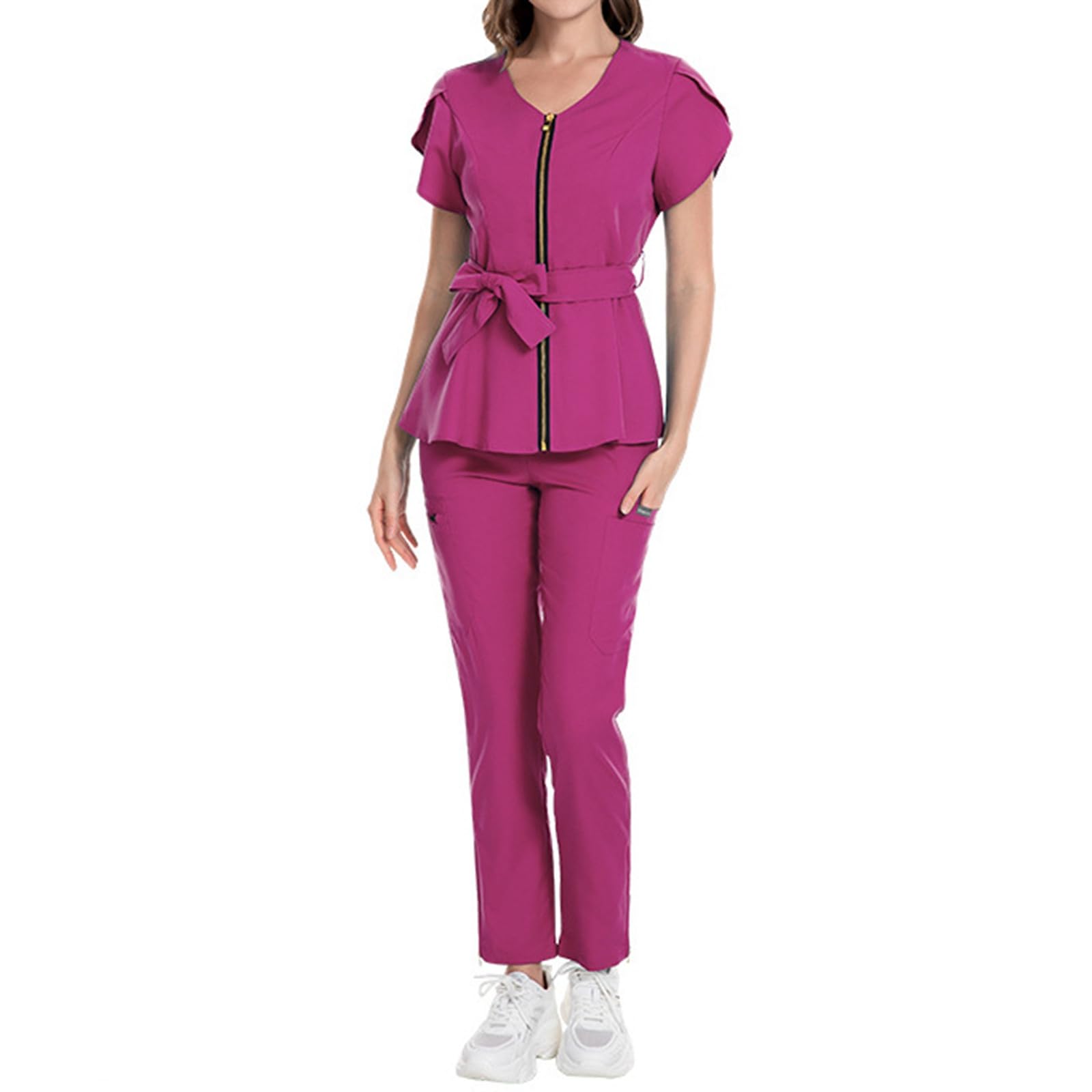 Uniforme mediche da donna, con scollo a V, top con cintura e pantaloni da jogging, vestibilità aderente, abbigliamento da lavoro per infermieri