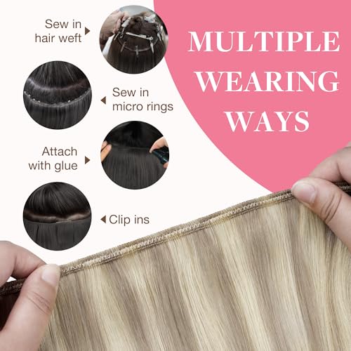 Image of GOO GOO Sew in Hair Extensions Real Human Hair, Weft Hair Extensions Human Hair, #18F /60A Balayage Light Wheat Platinum Blonde 22inch 110g, Weft Bundles Straight Silky Remy Hair